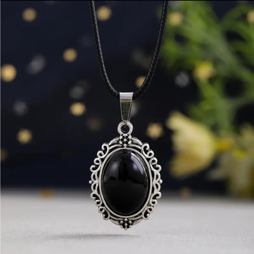 Black Obsidian Gemstone Crystal Pendant Necklace - Picture 2 of 3